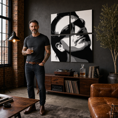 Ръчно рисувана картина POP Art Bono-U2 4 броя bono2 – картина в модерен мъжки интериор, lifestyle визуализация. Доминиращи цветове: черно, бяло, сиво.