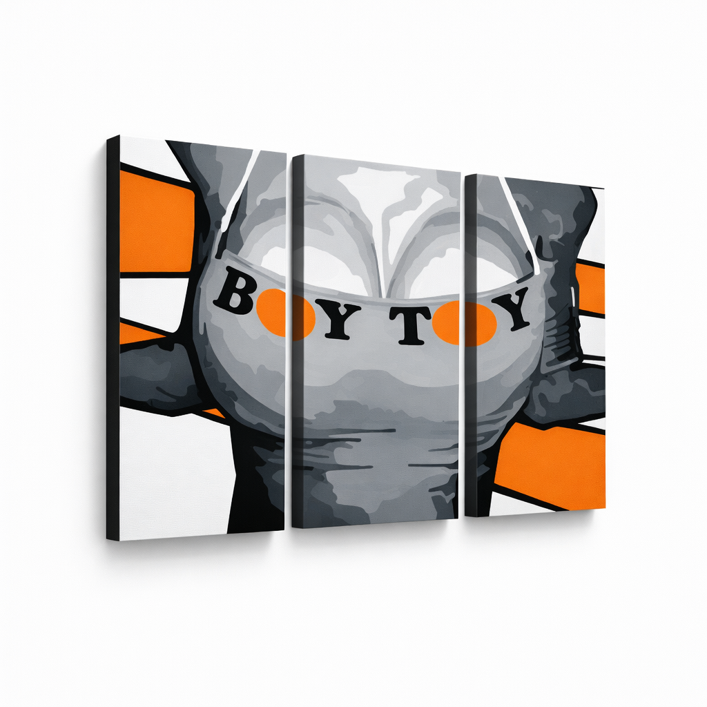 Ръчно рисувана картина POP Art Boy Toy 3 части boytoy – 3D визуализация на ръчно рисувано платно на бял фон. Доминиращи цветове: черно, оранжево, сиво.