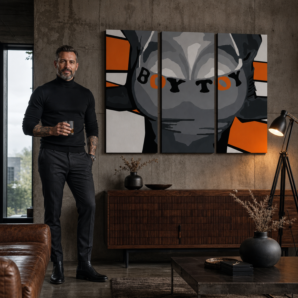 Ръчно рисувана картина POP Art Boy Toy 3 части boytoy – картина в модерен мъжки интериор, lifestyle визуализация. Доминиращи цветове: черно, оранжево, сиво.