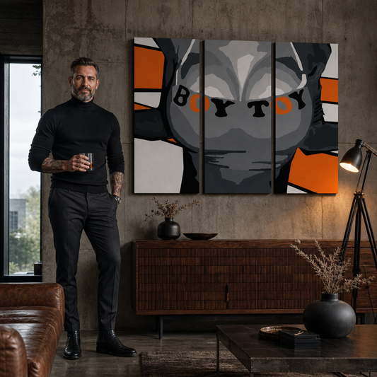 Ръчно рисувана картина POP Art Boy Toy 3 части boytoy – картина в модерен мъжки интериор, lifestyle визуализация. Доминиращи цветове: черно, оранжево, сиво.