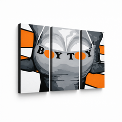 Ръчно рисувана картина POP Art Boy Toy 3 части boytoy – 3D визуализация на ръчно рисувано платно на бял фон. Доминиращи цветове: черно, оранжево, сиво.