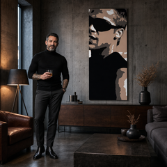 Ръчно рисувана картина POP Art Brad Pitt 1 брой bp – картина в модерен мъжки интериор, lifestyle визуализация. Доминиращи цветове: черно, кафяво, бяло.