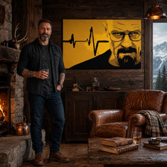 Ръчно рисувана картина POP Art BREAKING BAD 1 брой brb2 – картина в модерен мъжки интериор, lifestyle визуализация. Доминиращи цветове: жълто, черно, кафяво.