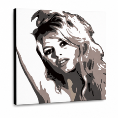 Ръчно рисувана картина POP Art Brigitte Bardot 1 брой бар – 3D визуализация на ръчно рисувано платно на бял фон. Доминиращи цветове: черно, кафяво, бежово.