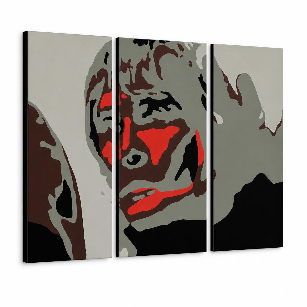 Ръчно рисувана картина POP Art BROWN APE 3 парчета ibbrown – 3D визуализация на ръчно рисувано платно на бял фон. Доминиращи цветове: черно, червено, сиво, кафяво, бяло.