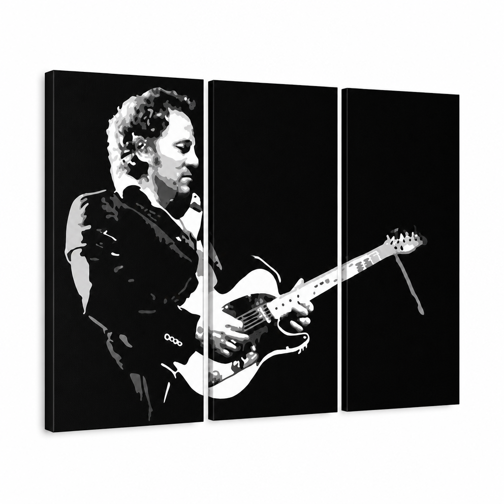 Ръчно рисувана картина POP Art Bruce Springsteen 3 парчета bs – 3D визуализация на ръчно рисувано платно на бял фон. Доминиращи цветове: черно, бяло, сиво.
