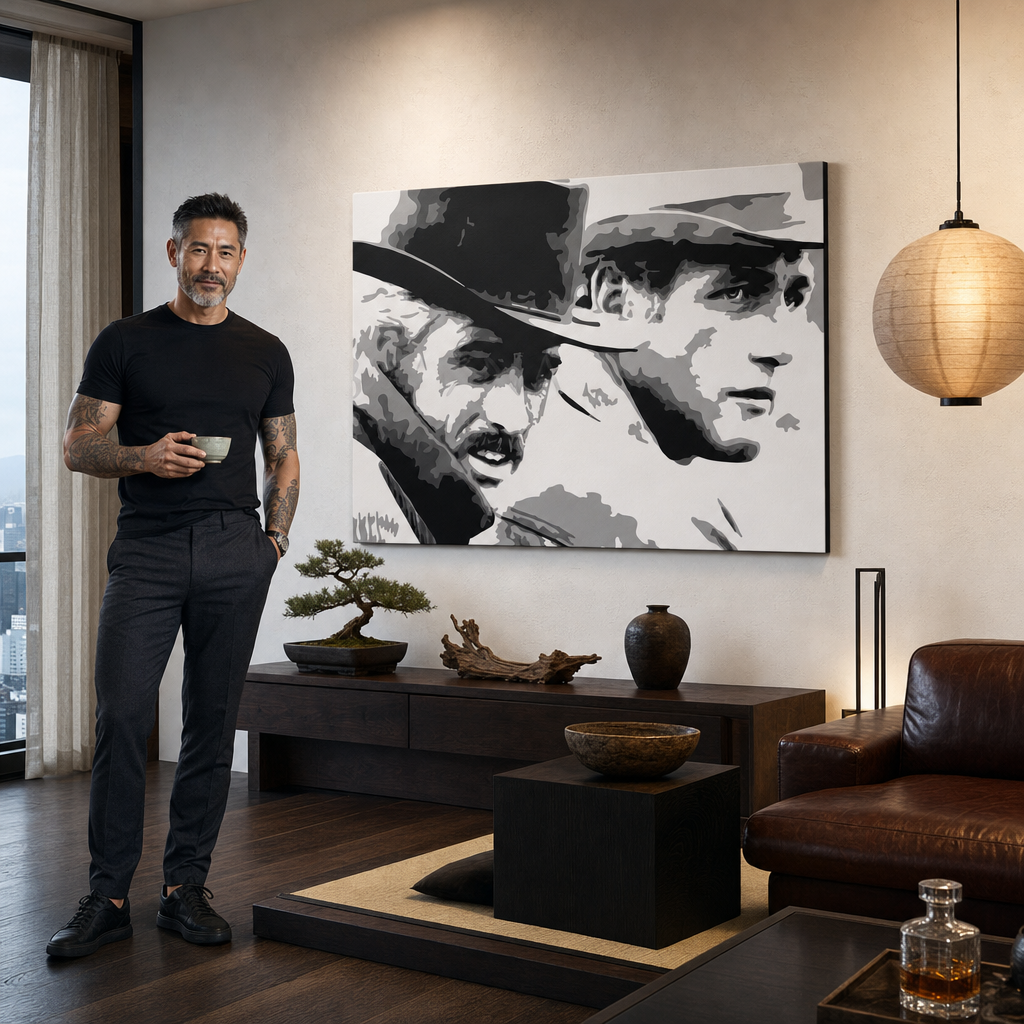 Ръчно рисувана картина POP Art Butch Cassidy 1 брой bc – картина в модерен мъжки интериор, lifestyle визуализация. Доминиращи цветове: черно, бяло, сиво.
