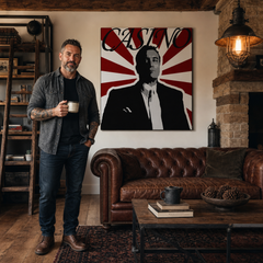 Ръчно рисувана картина POP Art CASINO 1 част cas – картина в модерен мъжки интериор, lifestyle визуализация. Доминиращи цветове: черно, червено, бяло.