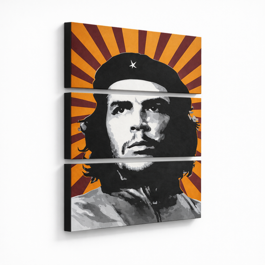 Ръчно рисувана картина POP Art Che Guevara 3 парчета Che – 3D визуализация на ръчно рисувано платно на бял фон. Доминиращи цветове: жълто, черно, бяло, сиво, оранжево.