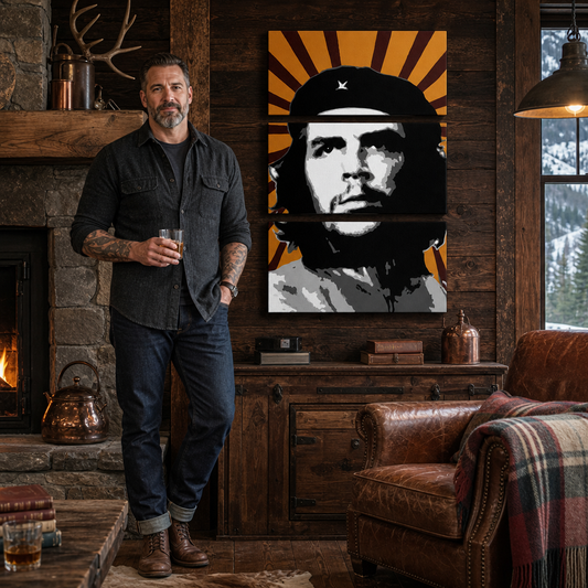 Ръчно рисувана картина POP Art Che Guevara 3 парчета Che – картина в модерен мъжки интериор, lifestyle визуализация. Доминиращи цветове: жълто, черно, бяло, сиво, оранжево.