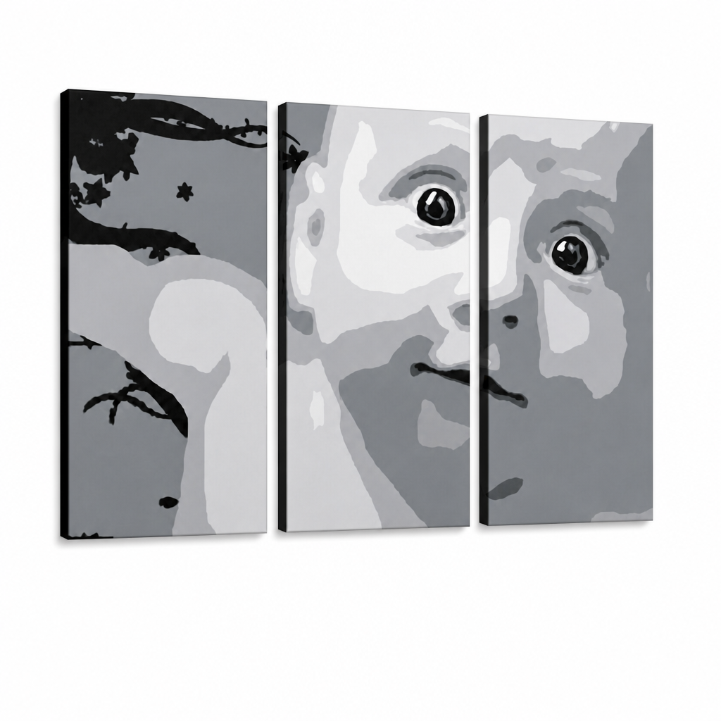 Ръчно рисувана картина POP Art CHILD 3 части дете – 3D визуализация на ръчно рисувано платно на бял фон. Доминиращи цветове: бяло, черно, сиво.