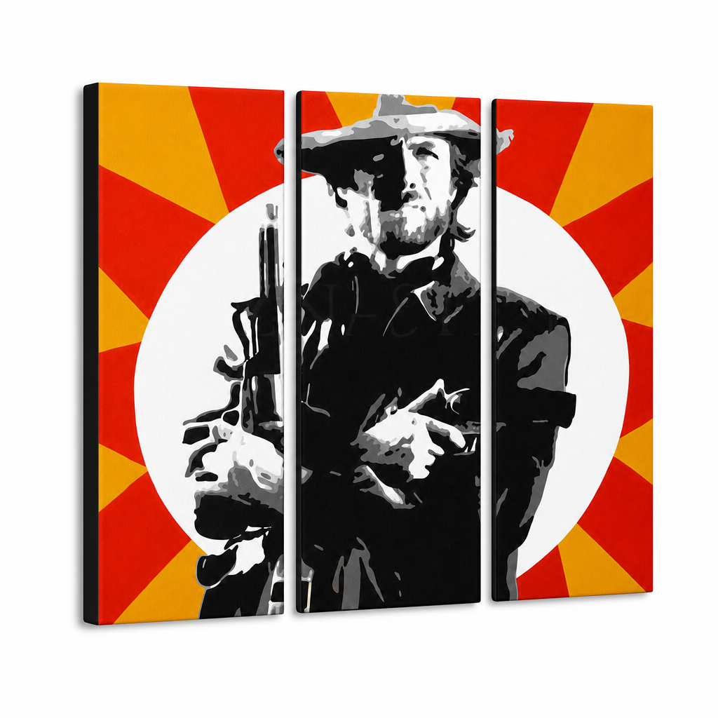 Ръчно рисувана картина POP Art Clint Eastwood 3 броя ce2 – 3D визуализация на ръчно рисувано платно на бял фон. Доминиращи цветове: черно, жълто, червено, бяло.