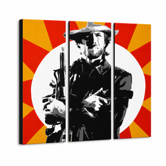 Ръчно рисувана картина POP Art Clint Eastwood 3 броя ce2 – 3D визуализация на ръчно рисувано платно на бял фон. Доминиращи цветове: черно, жълто, червено, бяло.