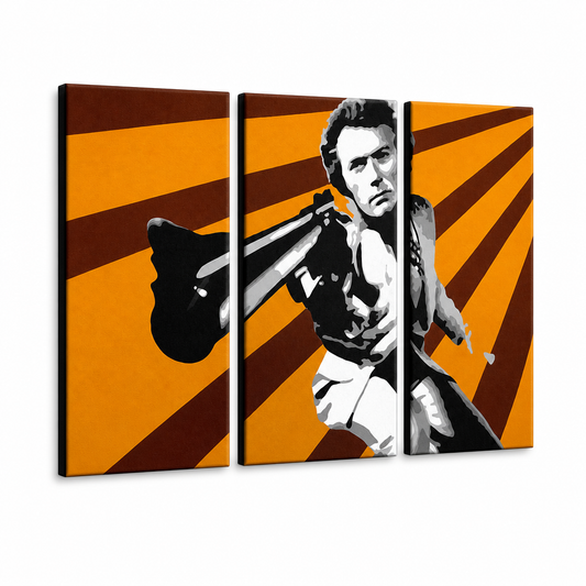 Ръчно рисувана картина POP Art Clint Eastwood 3 части ce – 3D визуализация на ръчно рисувано платно на бял фон. Доминиращи цветове: оранжево, кафяво, черно.