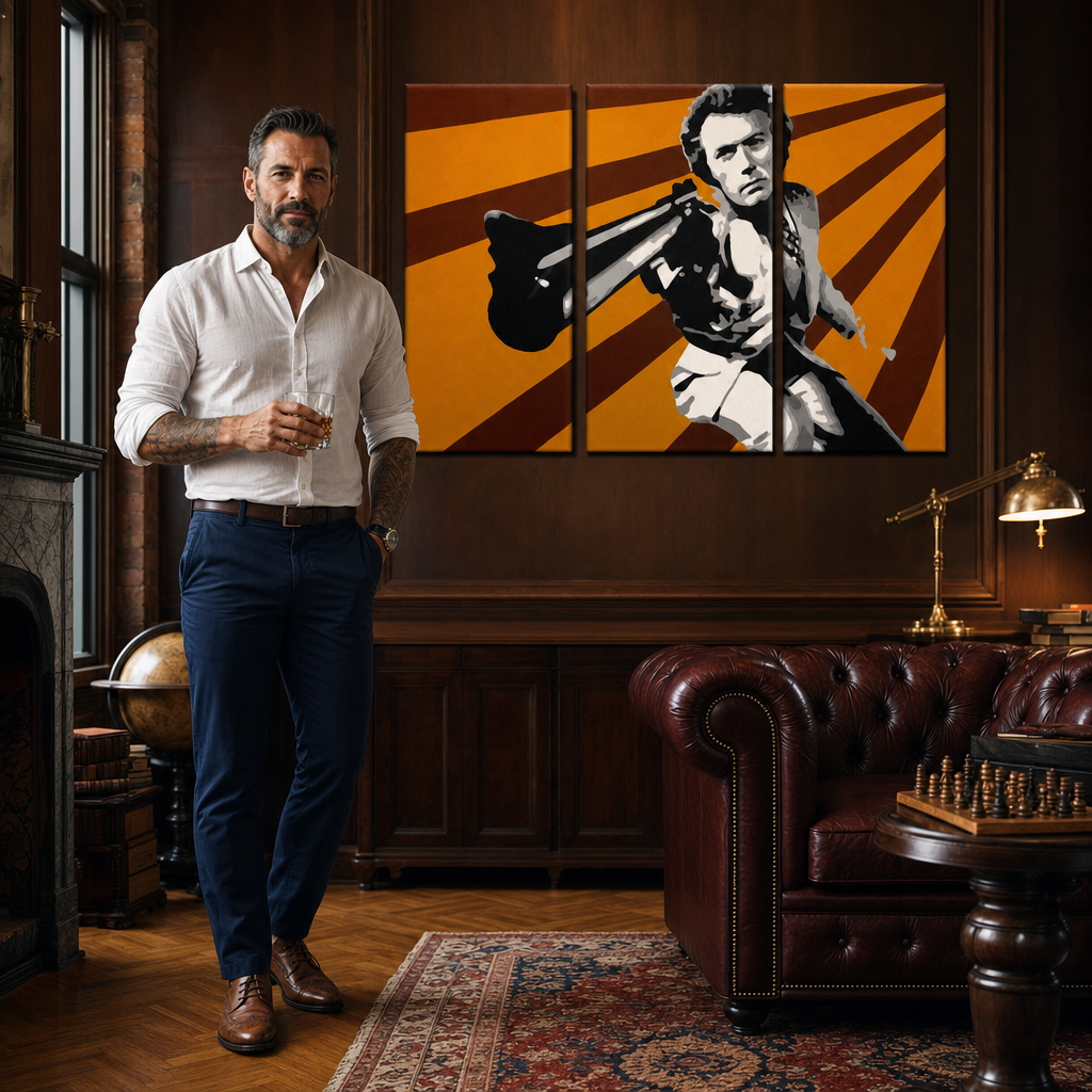 Ръчно рисувана картина POP Art Clint Eastwood 3 части ce – картина в модерен мъжки интериор, lifestyle визуализация. Доминиращи цветове: оранжево, кафяво, черно.