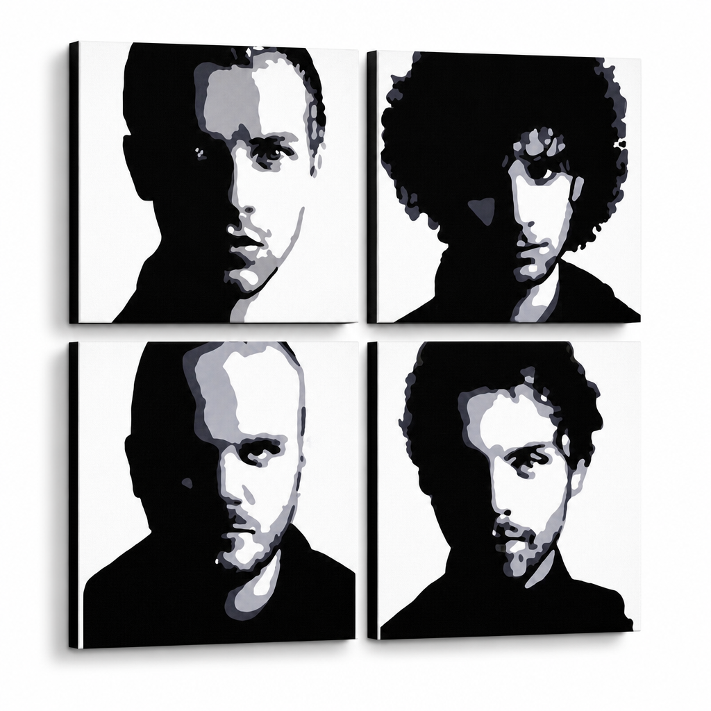 Ръчно рисувана картина POP Art Coldplay 4 броя cp – 3D визуализация на ръчно рисувано платно на бял фон. Доминиращи цветове: черно, бяло, сиво.
