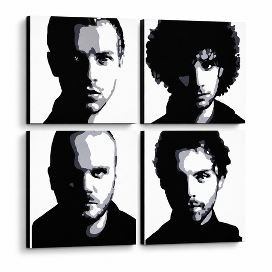 Ръчно рисувана картина POP Art Coldplay 4 броя cp – 3D визуализация на ръчно рисувано платно на бял фон. Доминиращи цветове: черно, бяло, сиво.