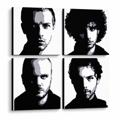 Ръчно рисувана картина POP Art Coldplay 4 броя cp – 3D визуализация на ръчно рисувано платно на бял фон. Доминиращи цветове: черно, бяло, сиво.