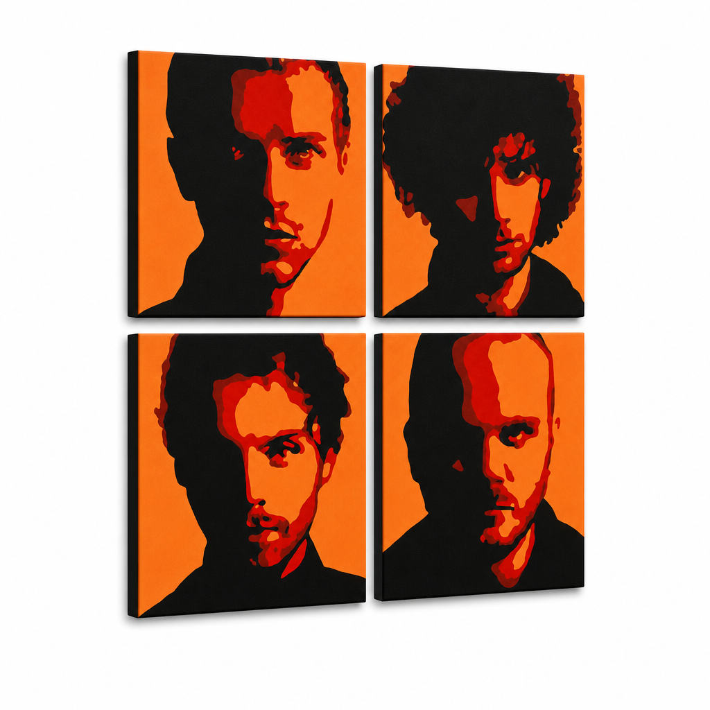 Ръчно рисувана картина POP Art Coldplay 4 броя cp2 – 3D визуализация на ръчно рисувано платно на бял фон. Доминиращи цветове: черно, оранжево, червено.
