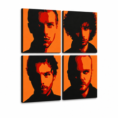 Ръчно рисувана картина POP Art Coldplay 4 броя cp2 – 3D визуализация на ръчно рисувано платно на бял фон. Доминиращи цветове: черно, оранжево, червено.