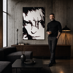Ръчно рисувана картина POP Art David Bowie 1 брой db – картина в модерен мъжки интериор, lifestyle визуализация. Доминиращи цветове: черно, кафяво, бяло.