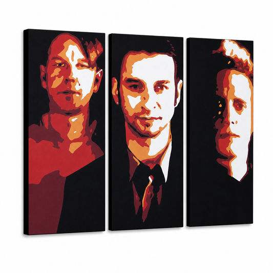 Ръчно рисувана картина POP Art Depeche Mode 3 парчета dep2 – 3D визуализация на ръчно рисувано платно на бял фон. Доминиращи цветове: черно, червено, oranzová, бяло.