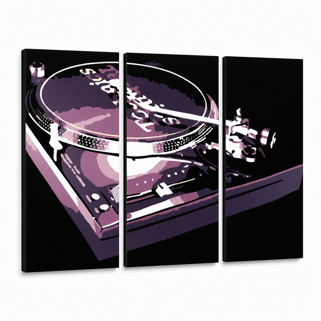 Ръчно рисувана картина POP Art DJ 3 парчета dj – 3D визуализация на ръчно рисувано платно на бял фон. Доминиращи цветове: черно, лилаво, бяло.