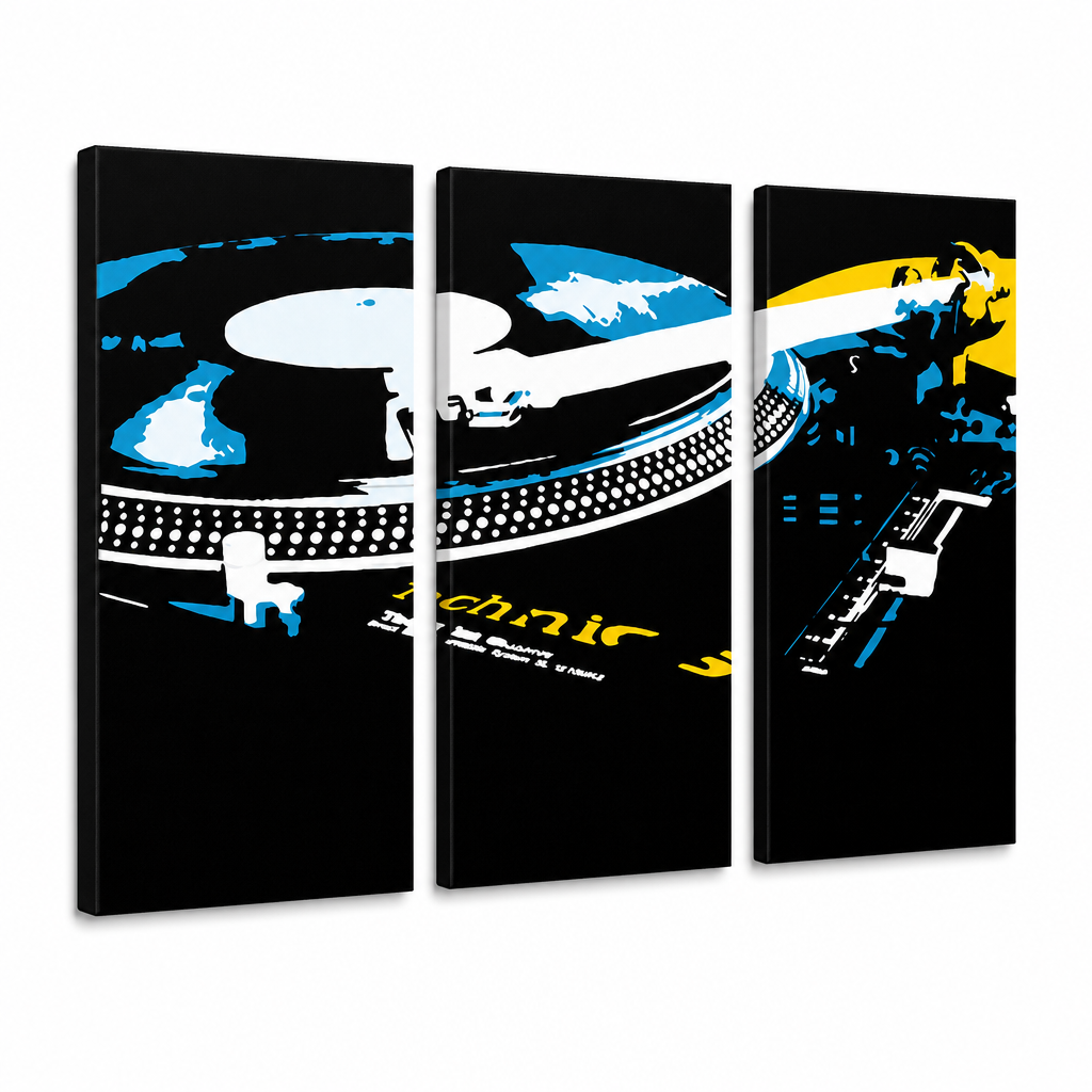 Ръчно рисувана картина POP Art DJ 3 парчета dj3 – 3D визуализация на ръчно рисувано платно на бял фон. Доминиращи цветове: черно, синьо, жълто, бяло.