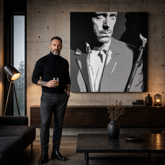 Ръчно рисувана картина POP Art Dr. HOUSE 1 брой dh2 – картина в модерен мъжки интериор, lifestyle визуализация. Доминиращи цветове: черно, бяло, сиво.