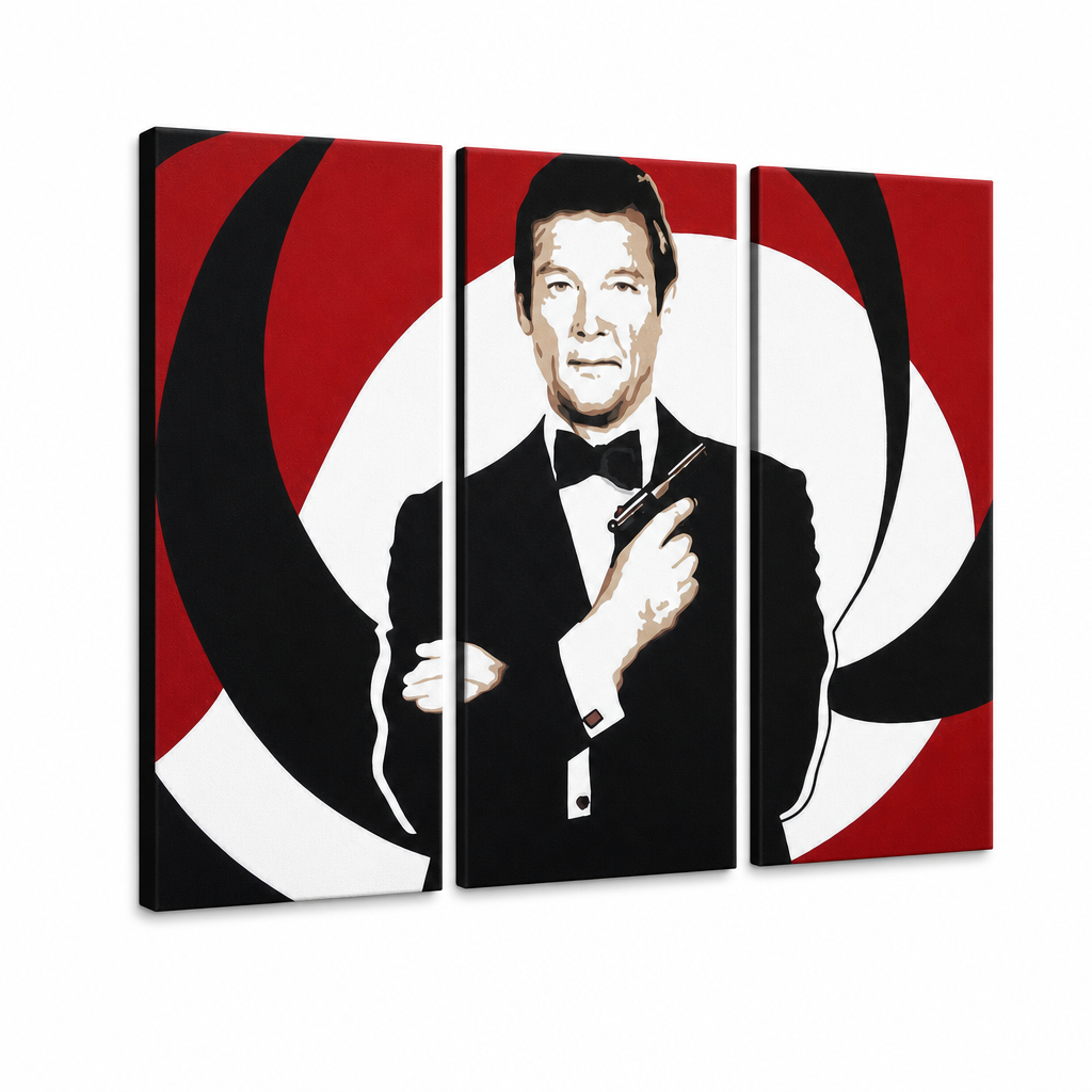 Ръчно рисувана картина POP Art Джеймс Бонд 3 части bond – 3D визуализация на ръчно рисувано платно на бял фон. Доминиращи цветове: черно, червено, бяло.