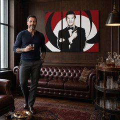 Ръчно рисувана картина POP Art Джеймс Бонд 3 части bond – картина в модерен мъжки интериор, lifestyle визуализация. Доминиращи цветове: черно, червено, бяло.