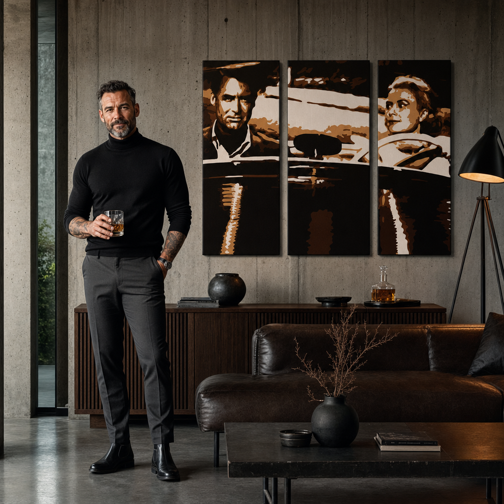 Ръчно рисувана картина POP Art Джеймс Бонд 3 части bond1 – картина в модерен мъжки интериор, lifestyle визуализация. Доминиращи цветове: черно, кафяво, бяло.