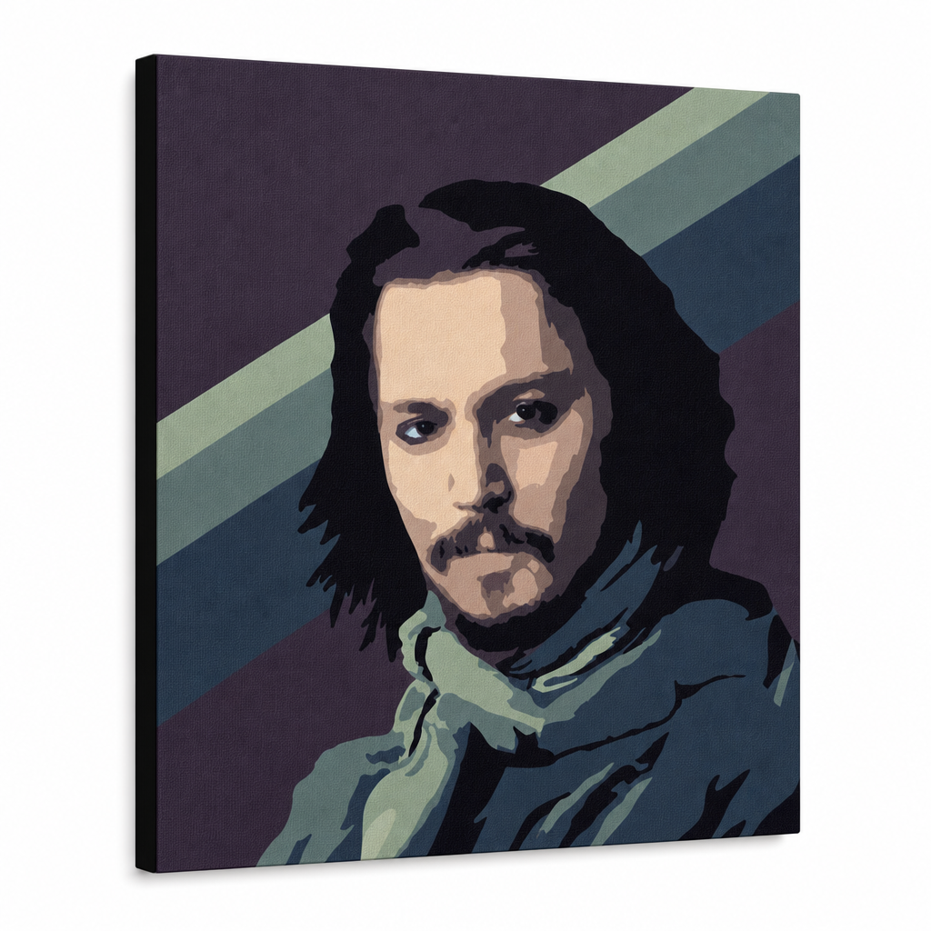 Ръчно рисувана картина POP Art Джони Деп1 брой jd – 3D визуализация на ръчно рисувано платно на бял фон. Доминиращи цветове: лилаво, синьо, черно, бежово, зелено.