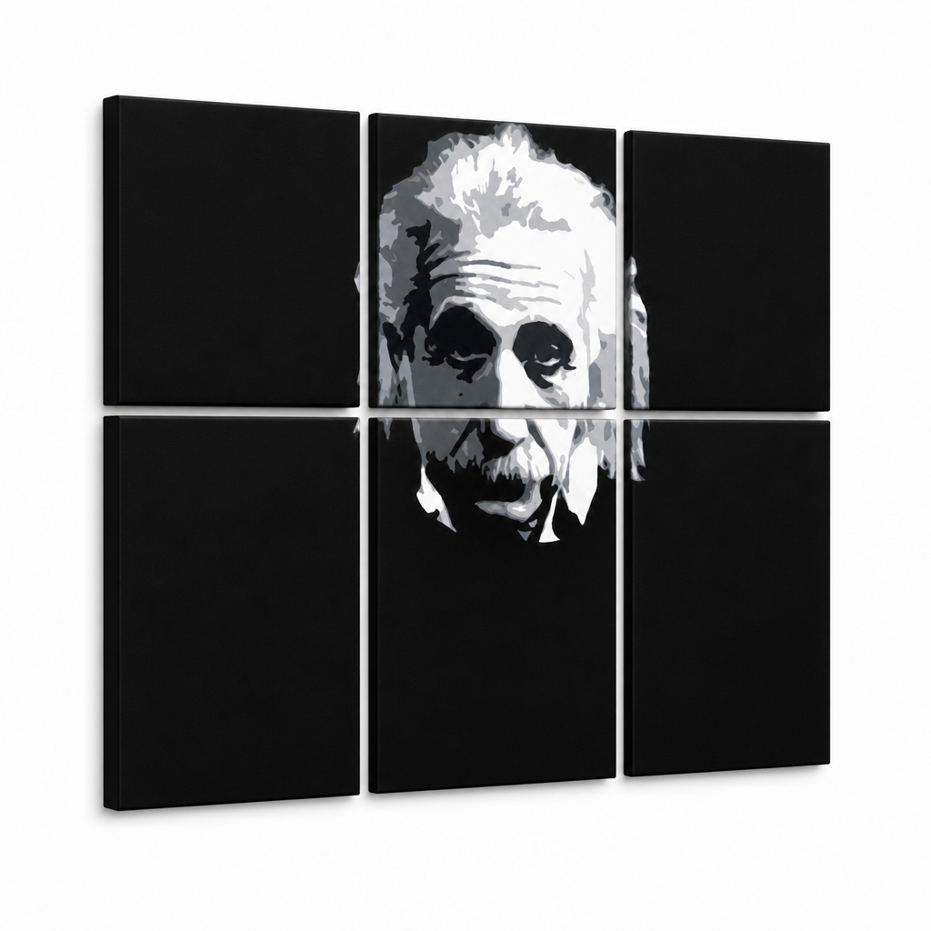 Ръчно рисувана картина POP Art Einstein 6 части einstein – 3D визуализация на ръчно рисувано платно на бял фон. Доминиращи цветове: черно, бяло, сиво.