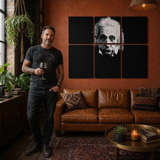 Ръчно рисувана картина POP Art Einstein 6 части einstein – картина в модерен мъжки интериор, lifestyle визуализация. Доминиращи цветове: черно, бяло, сиво.