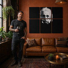 Ръчно рисувана картина POP Art Einstein 6 части einstein – картина в модерен мъжки интериор, lifestyle визуализация. Доминиращи цветове: черно, бяло, сиво.