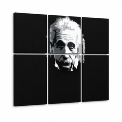 Ръчно рисувана картина POP Art Einstein 6 части einstein – 3D визуализация на ръчно рисувано платно на бял фон. Доминиращи цветове: черно, бяло, сиво.