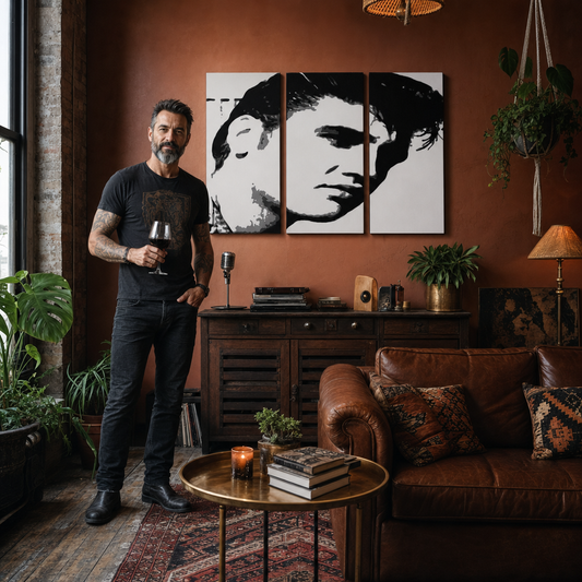 Ръчно рисувана картина POP Art ELVIS 3 парчета – картина в модерен мъжки интериор, lifestyle визуализация. Доминиращи цветове: черно, бяло, сиво.
