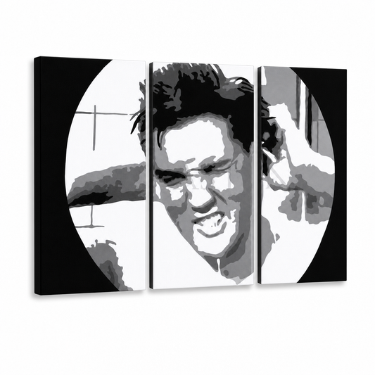 Ръчно рисувана картина POP Art ELVIS 3 парчета el2 – 3D визуализация на ръчно рисувано платно на бял фон. Доминиращи цветове: черно, бяло, жълто.