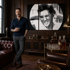 Ръчно рисувана картина POP Art ELVIS 3 парчета el2 – картина в модерен мъжки интериор, lifestyle визуализация. Доминиращи цветове: черно, бяло, жълто.
