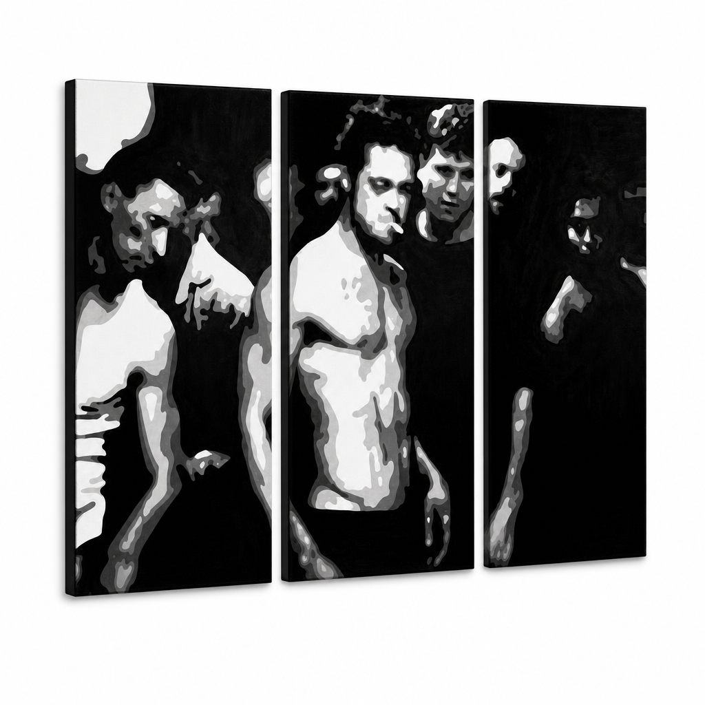 Ръчно рисувана картина POP Art Fight Club 3 броя fc – 3D визуализация на ръчно рисувано платно на бял фон. Доминиращи цветове: черно, бяло, сиво.