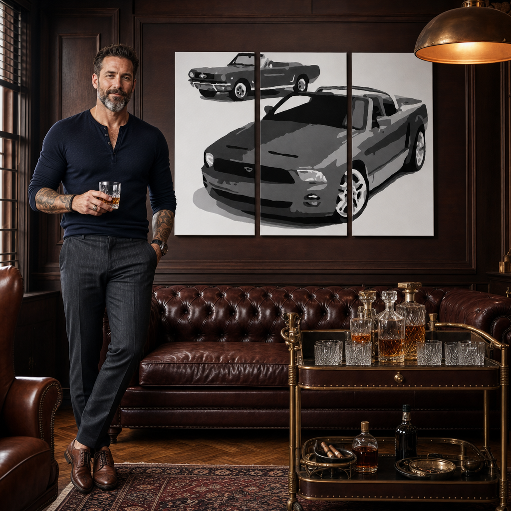 Ръчно рисувана картина POP Art FORD MUSTANG 3 броя fm2 – картина в модерен мъжки интериор, lifestyle визуализация. Доминиращи цветове: черно, бяло, сиво.