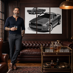 Ръчно рисувана картина POP Art FORD MUSTANG 3 броя fm2 – картина в модерен мъжки интериор, lifestyle визуализация. Доминиращи цветове: черно, бяло, сиво.