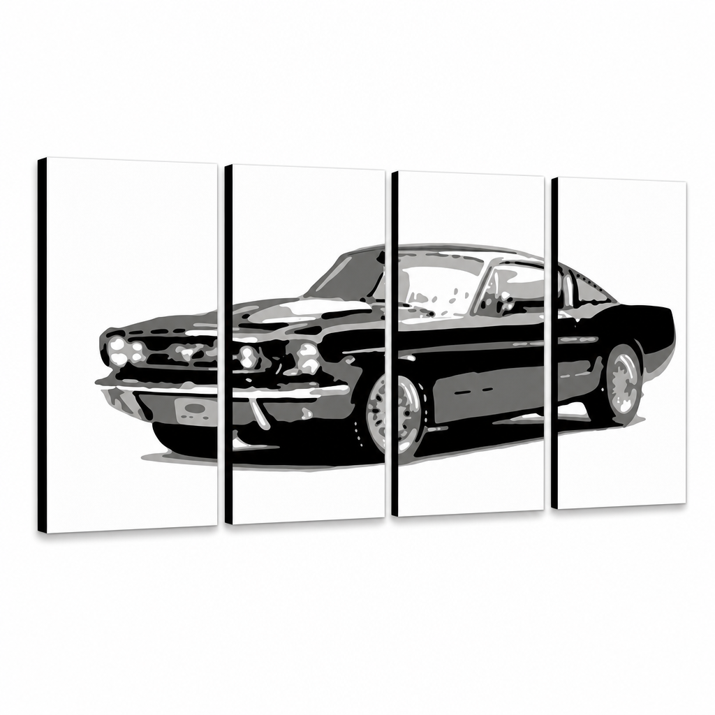 Ръчно рисувана картина POP Art Ford Mustang 4 части fm – 3D визуализация на ръчно рисувано платно на бял фон. Доминиращи цветове: черно, сиво, бяло.