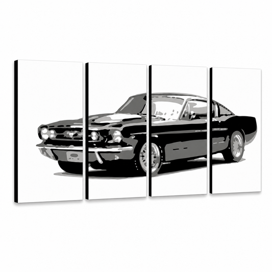 Ръчно рисувана картина POP Art Ford Mustang 4 части fm – 3D визуализация на ръчно рисувано платно на бял фон. Доминиращи цветове: черно, сиво, бяло.