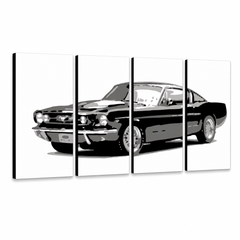 Ръчно рисувана картина POP Art Ford Mustang 4 части fm – 3D визуализация на ръчно рисувано платно на бял фон. Доминиращи цветове: черно, сиво, бяло.