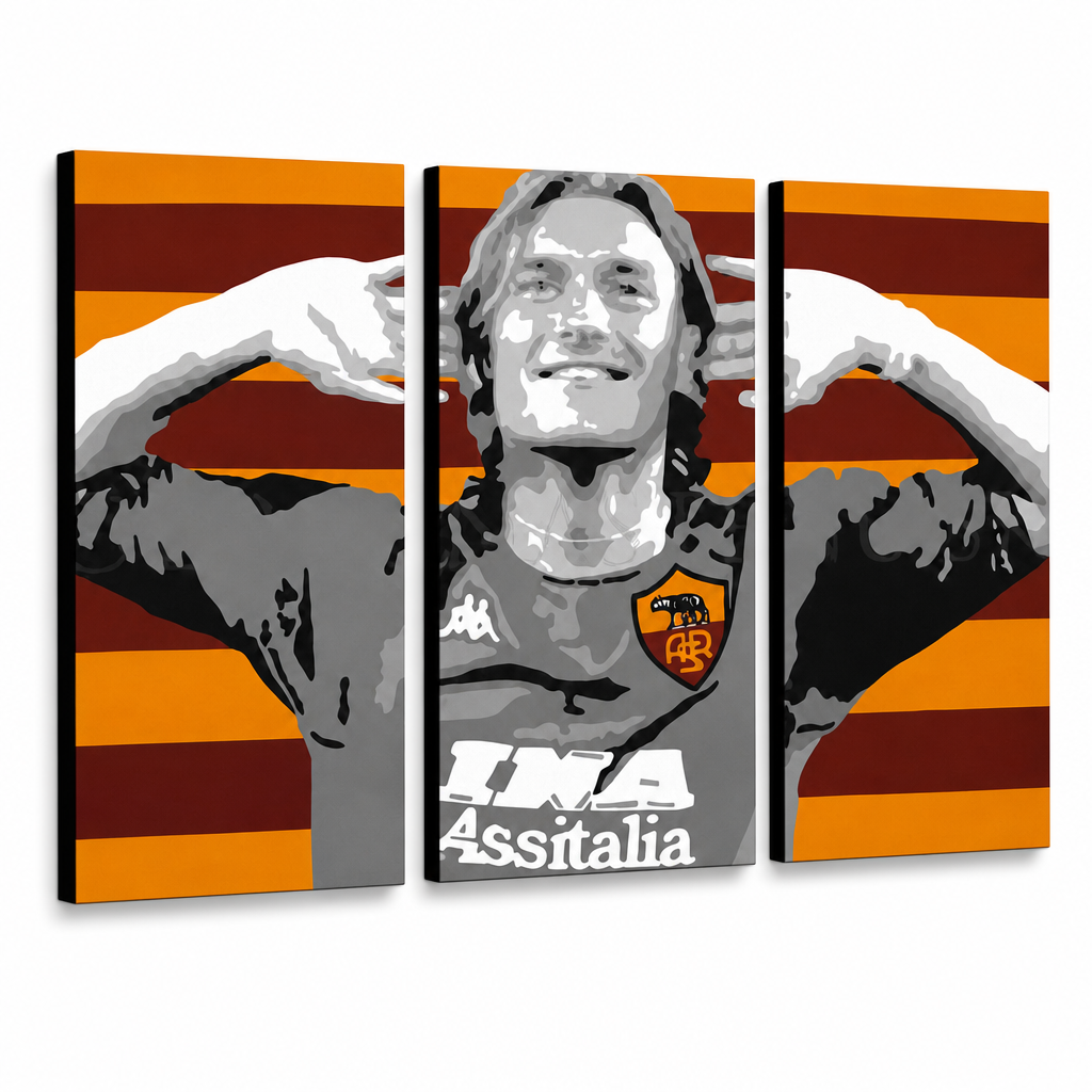 Ръчно рисувана картина POP Art Francesco Totti 3 парчета – 3D визуализация на ръчно рисувано платно на бял фон. Доминиращи цветове: червено, оранжево, сиво, черно, бяло.