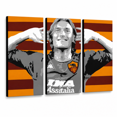 Ръчно рисувана картина POP Art Francesco Totti 3 парчета – 3D визуализация на ръчно рисувано платно на бял фон. Доминиращи цветове: червено, оранжево, сиво, черно, бяло.
