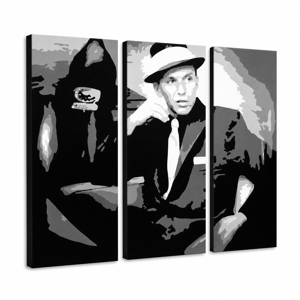 Ръчно рисувана картина POP Art Франк Синатра 3 парчета син – 3D визуализация на ръчно рисувано платно на бял фон. Доминиращи цветове: черно, бяло, сиво.