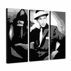 Ръчно рисувана картина POP Art Франк Синатра 3 парчета син – 3D визуализация на ръчно рисувано платно на бял фон. Доминиращи цветове: черно, бяло, сиво.